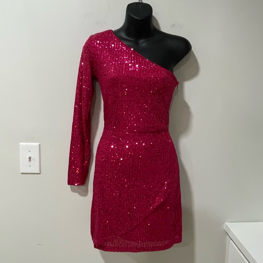 NWT Aqua Hot Pink Sequin Dress One Shoulder Prom Hoco Special Occasion Party